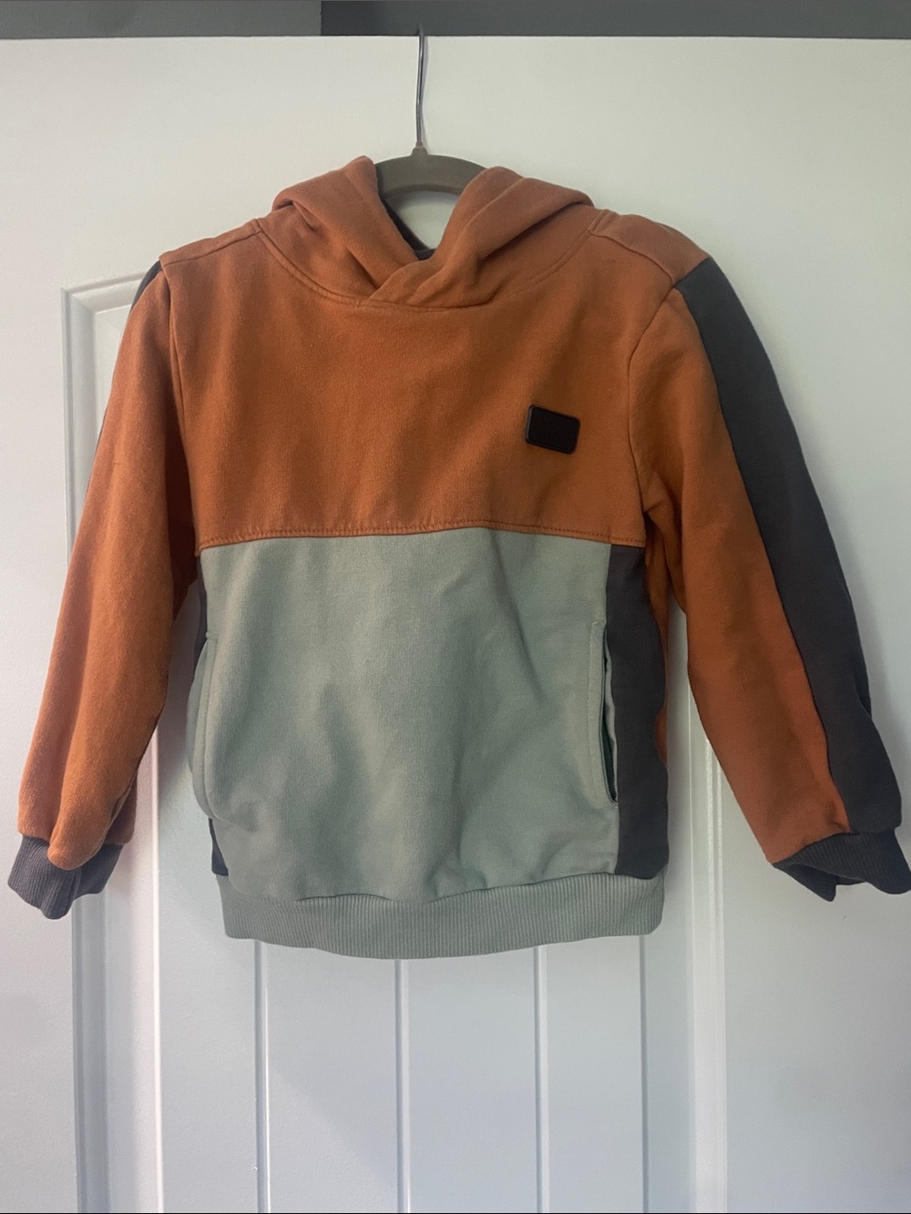Kids Colorblock Hooded Sweatshirt in Rust Orange and Light Gray